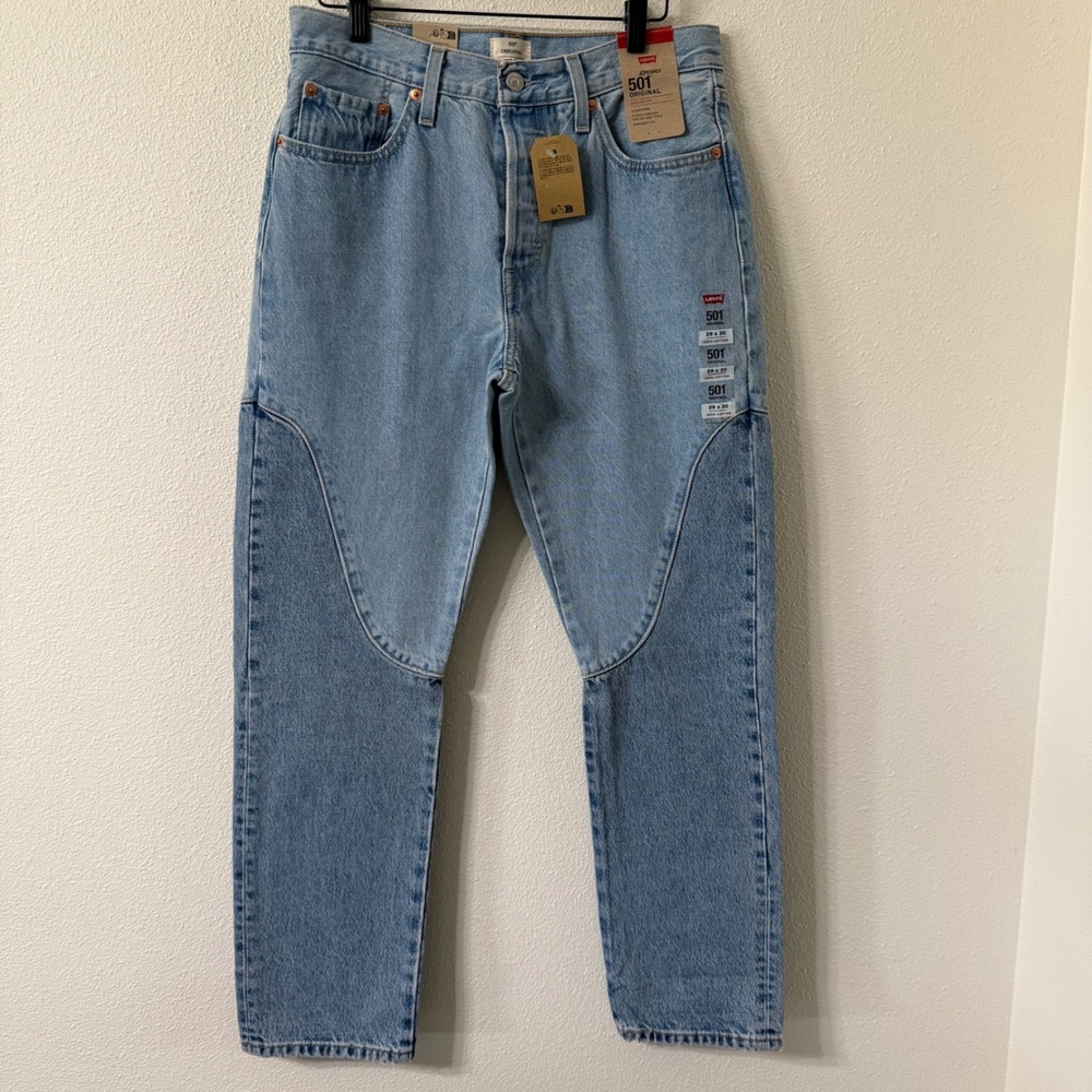 Levis 501 Original High Rise Straight Leg Two Tone Paneled Jeans Blue 29x30 NWT